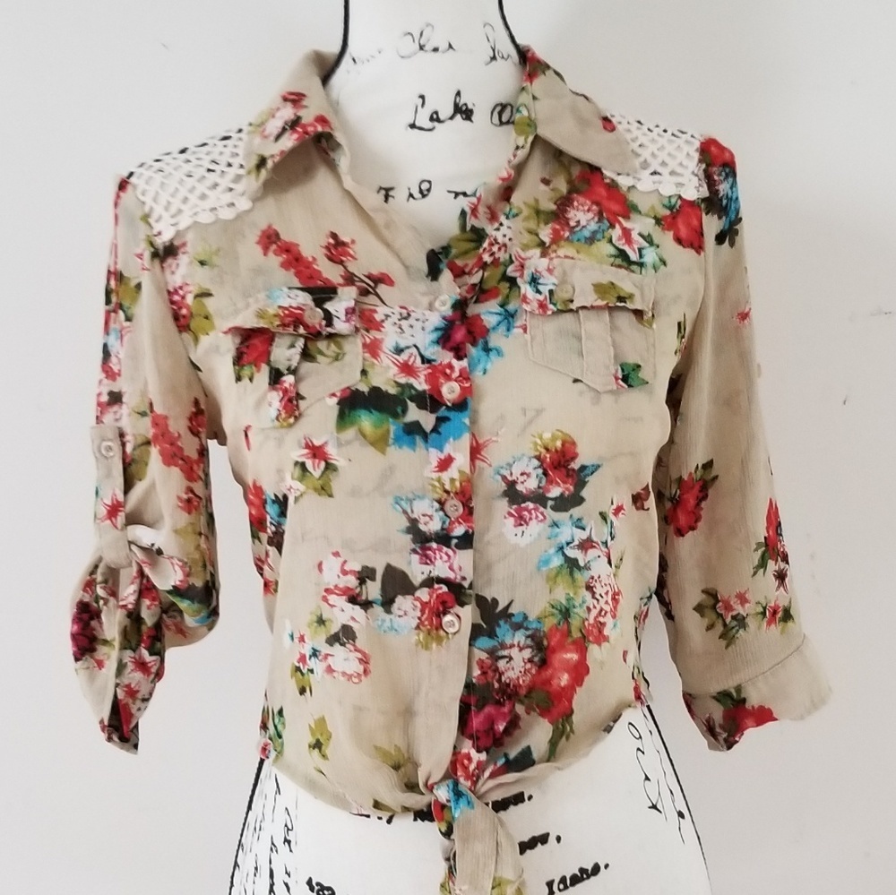 Paper Tee Lace Insert Cropped Button/Tie Blouse